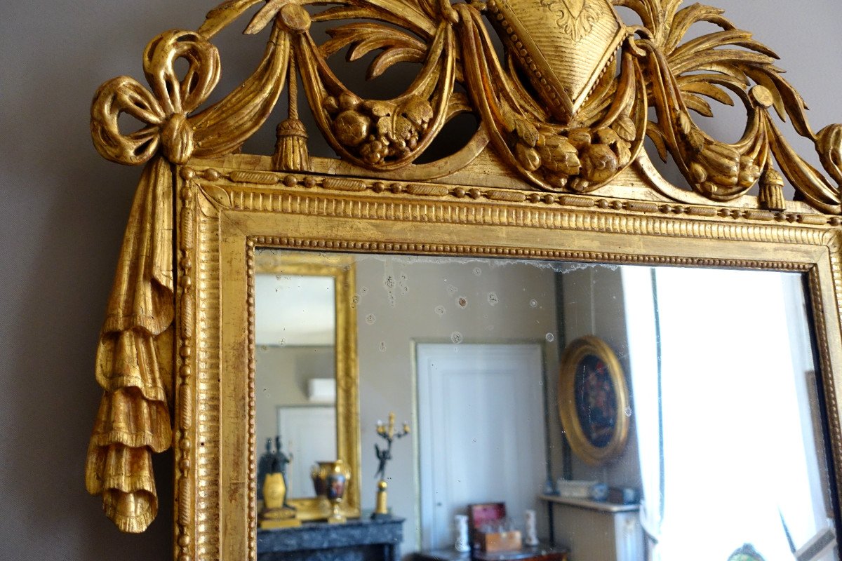 Grand Miroir d'époque Louis XVI En Bois Sculpté Et Doré -photo-3