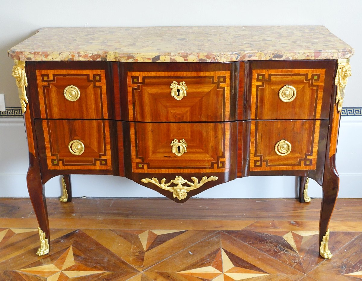 Rubestuck - Transition Period Chest Of Drawers In Stamped Marquetry - Breche d'Alep Marble-photo-2