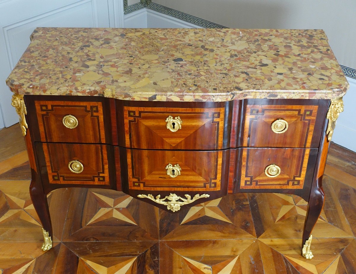 Rubestuck - Transition Period Chest Of Drawers In Stamped Marquetry - Breche d'Alep Marble-photo-3