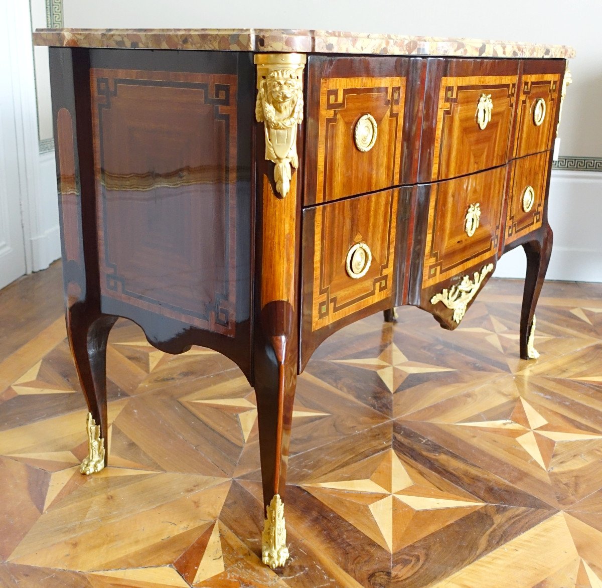 Rubestuck - Transition Period Chest Of Drawers In Stamped Marquetry - Breche d'Alep Marble-photo-3