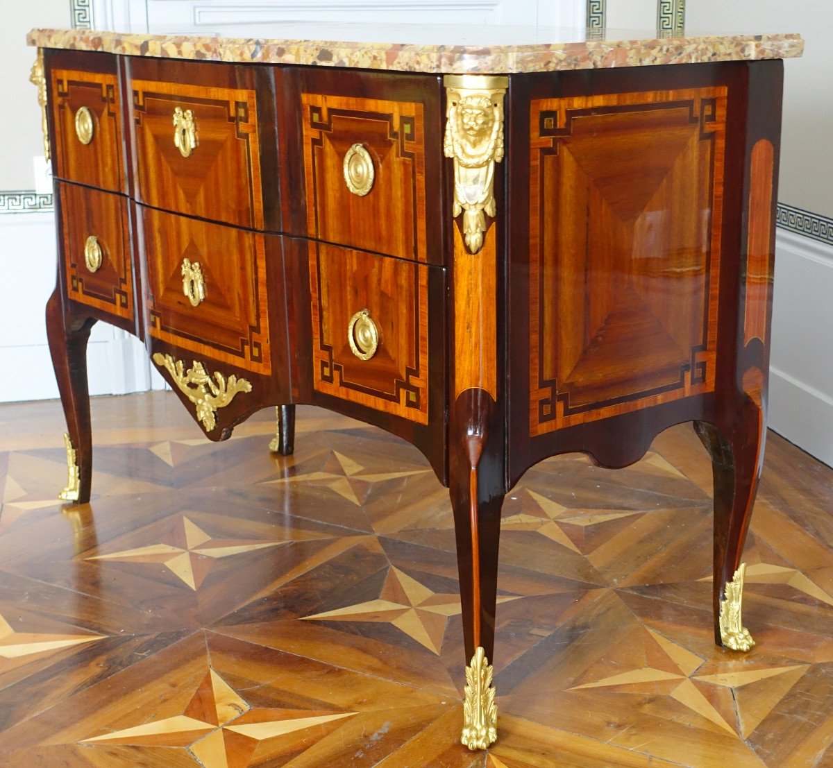 Rubestuck - Transition Period Chest Of Drawers In Stamped Marquetry - Breche d'Alep Marble-photo-4