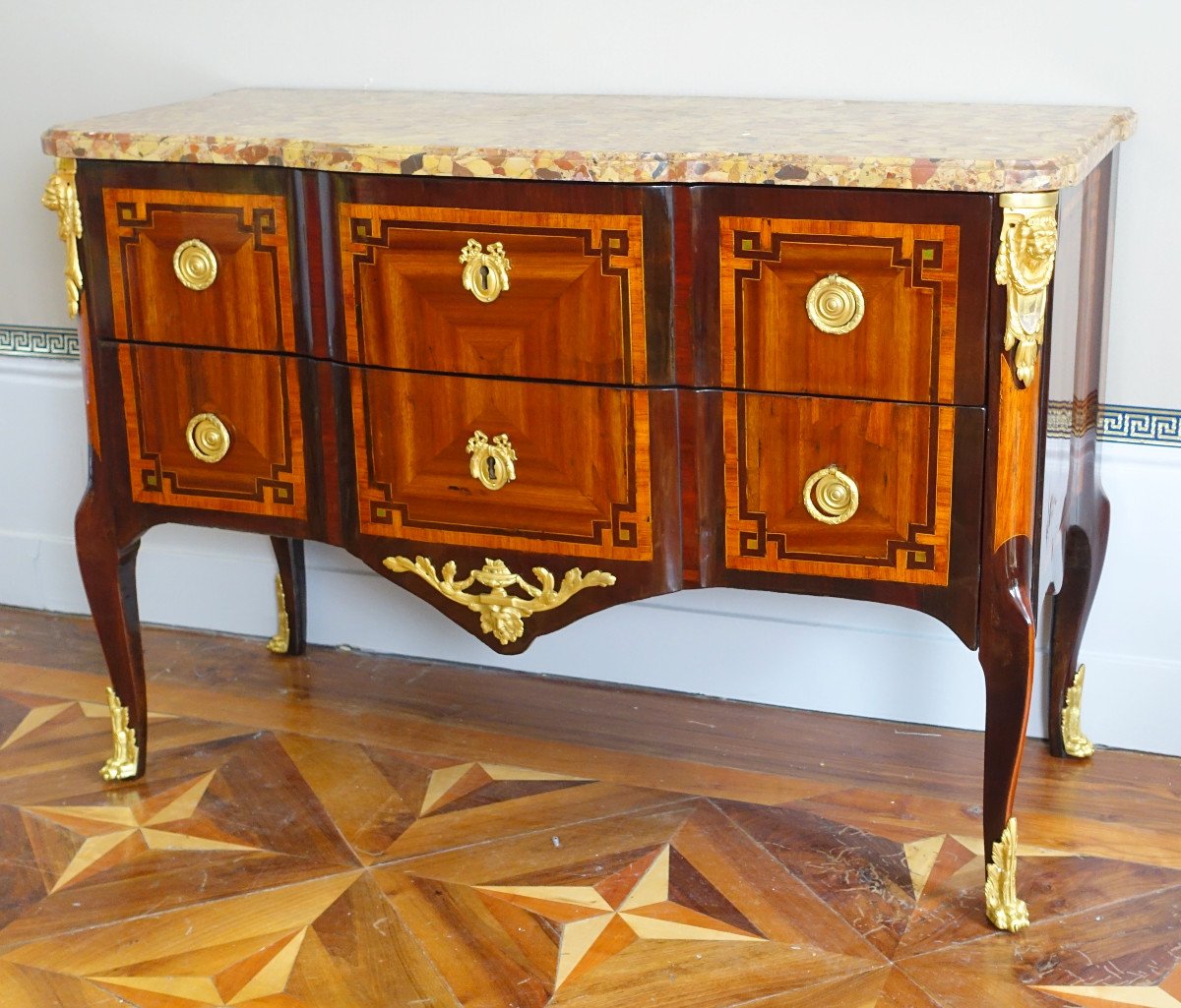 Rubestuck - Transition Period Chest Of Drawers In Stamped Marquetry - Breche d'Alep Marble