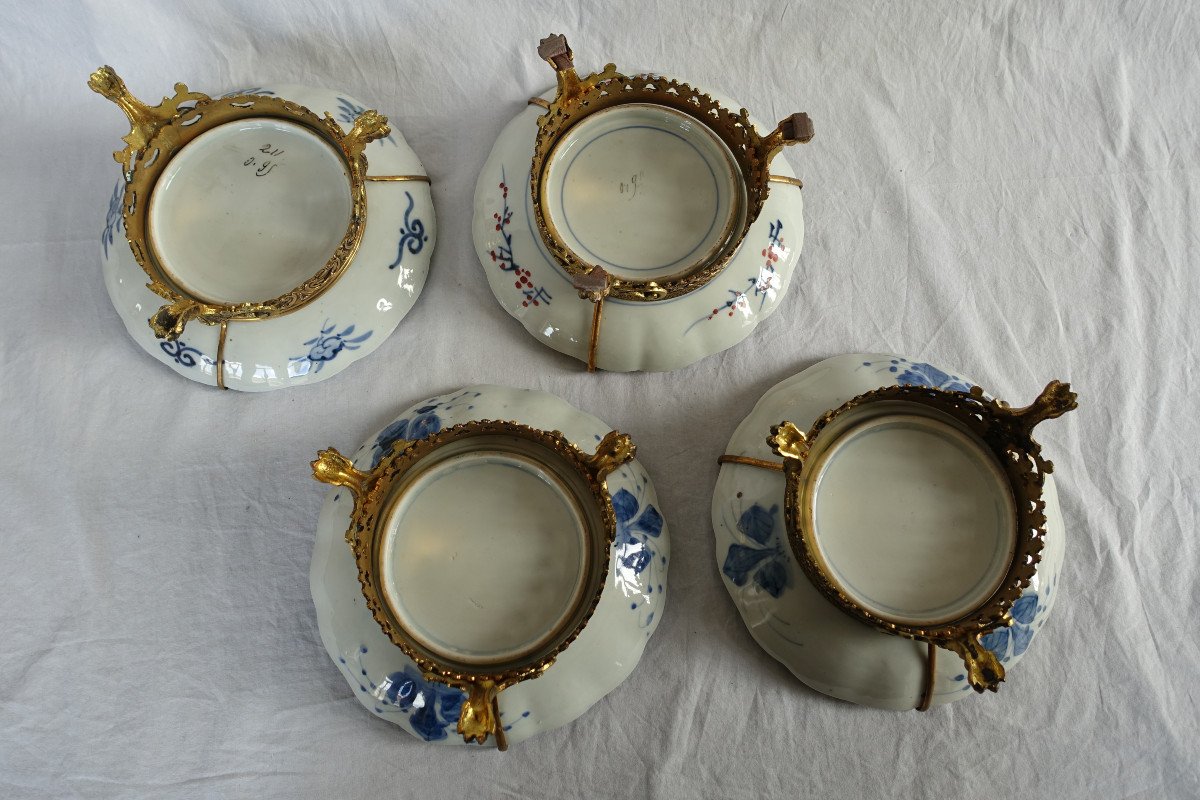 Set Of 4 Japanese Porcelain Bronze Mounted Plates With Imari Decor-photo-4