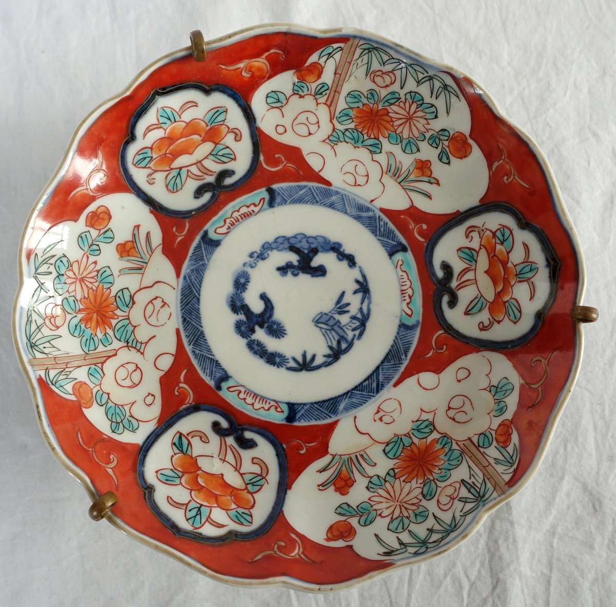 Set Of 4 Japanese Porcelain Bronze Mounted Plates With Imari Decor-photo-5