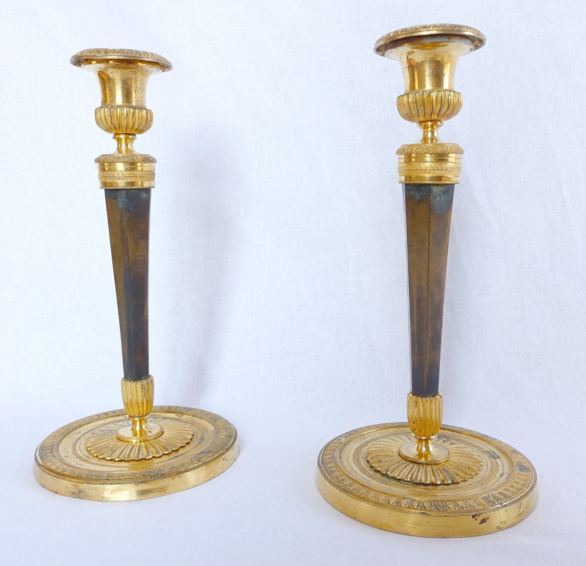 Pair Of Empire Ormolu And Patinated Bronze Candlesticks Attributed To Ravrio-photo-2