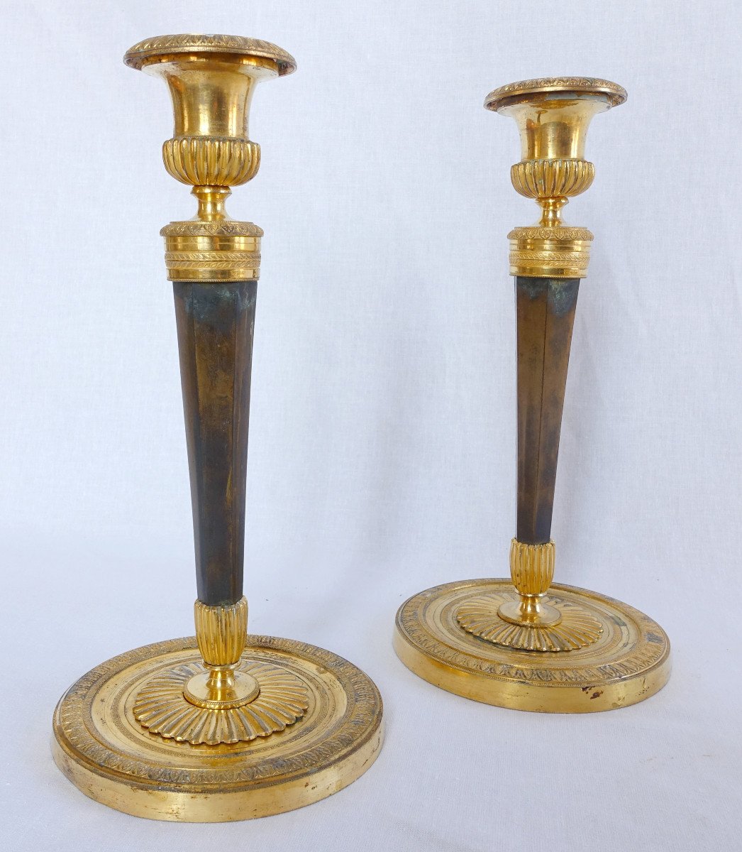 Pair Of Empire Ormolu And Patinated Bronze Candlesticks Attributed To Ravrio-photo-3