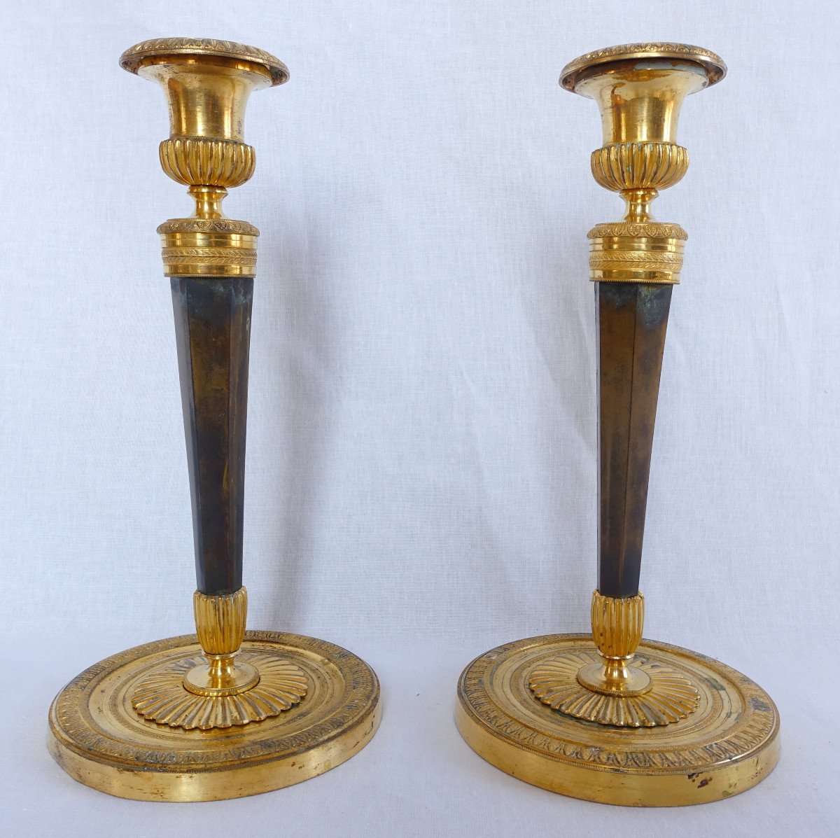 Pair Of Empire Ormolu And Patinated Bronze Candlesticks Attributed To Ravrio-photo-4