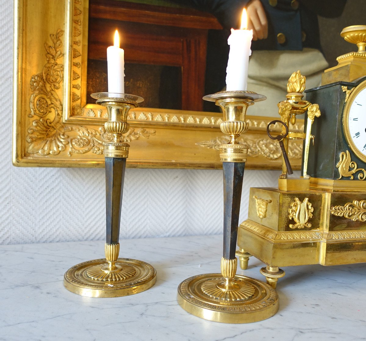 Pair Of Empire Ormolu And Patinated Bronze Candlesticks Attributed To Ravrio