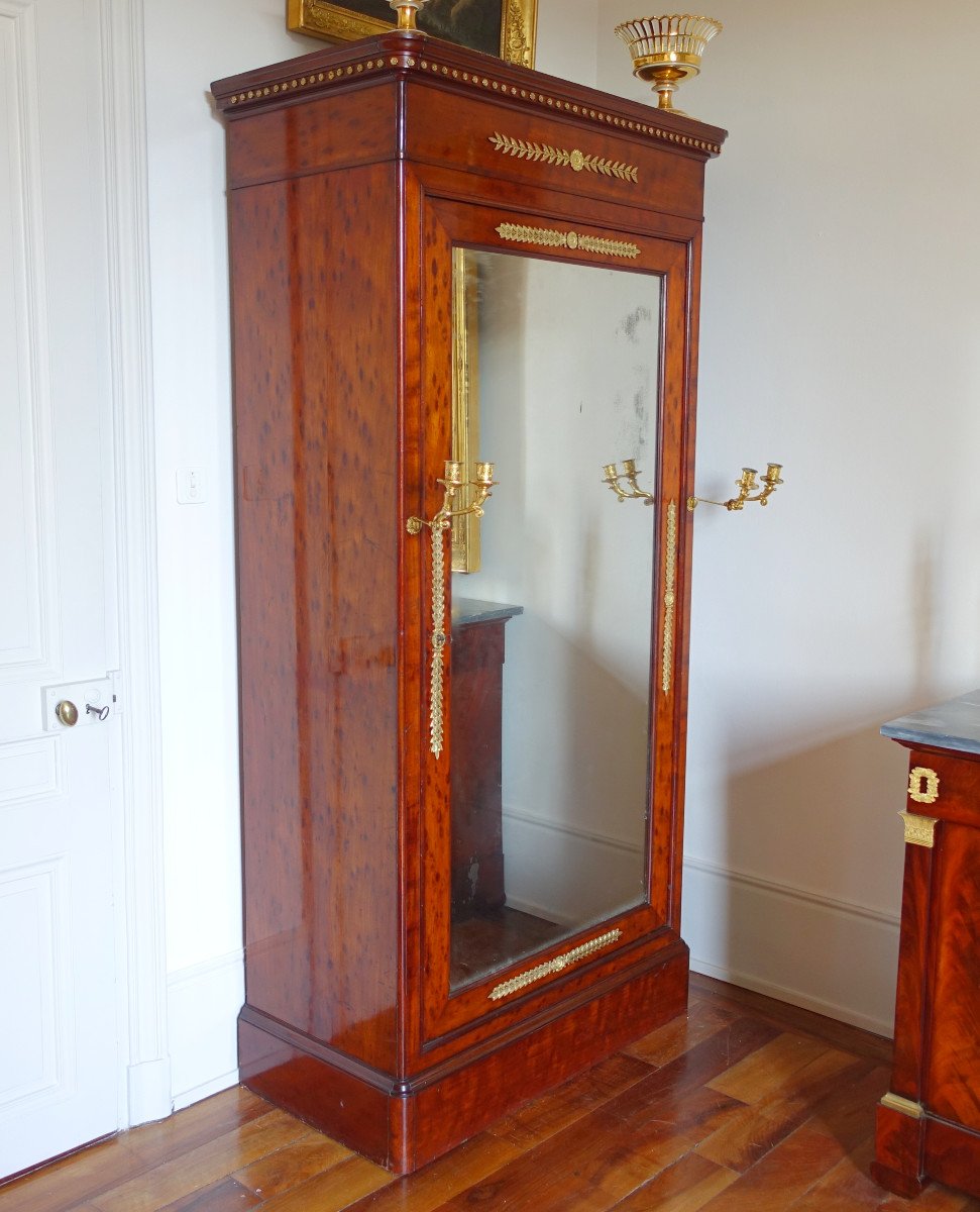 Jacob - Armoire à Glace Psyché Acajou Moucheté & Bronze Doré d'époque Restauration, Estampille-photo-3