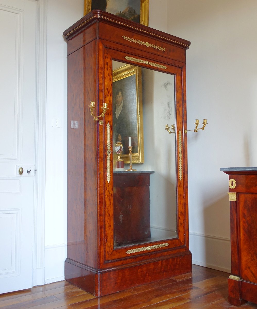 Jacob - Armoire à Glace Psyché Acajou Moucheté & Bronze Doré d'époque Restauration, Estampille-photo-4