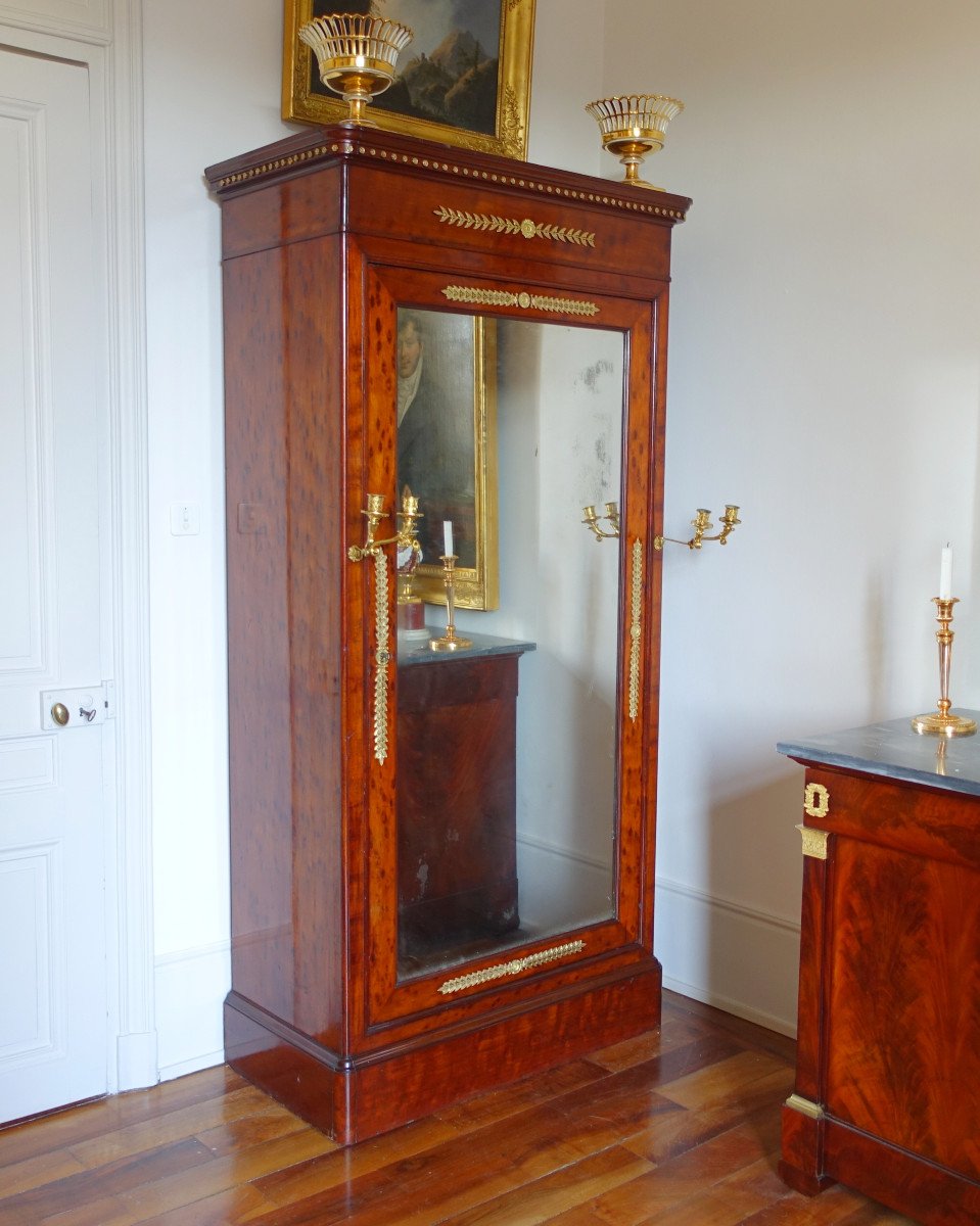 Jacob - Armoire à Glace Psyché Acajou Moucheté & Bronze Doré d'époque Restauration, Estampille