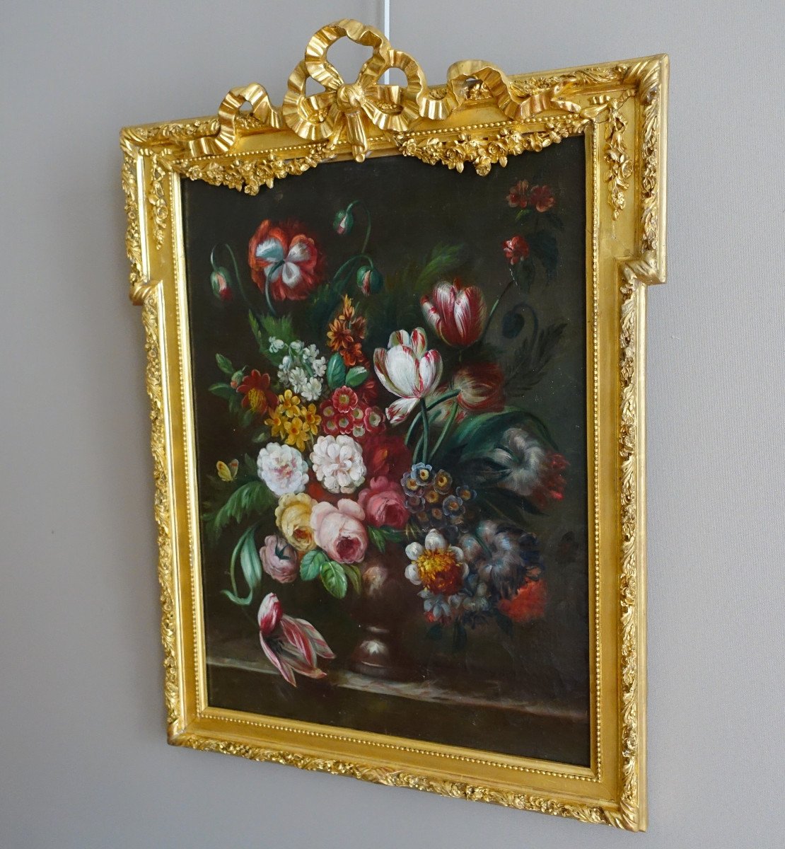 19th Century French School, Large Oil On Canvas, Bouquet Of Flowers, Louis XVI Gilt Wood Frame-photo-2