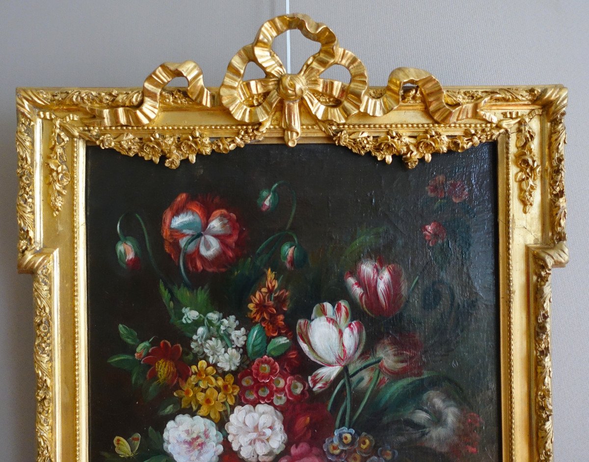 19th Century French School, Large Oil On Canvas, Bouquet Of Flowers, Louis XVI Gilt Wood Frame-photo-3