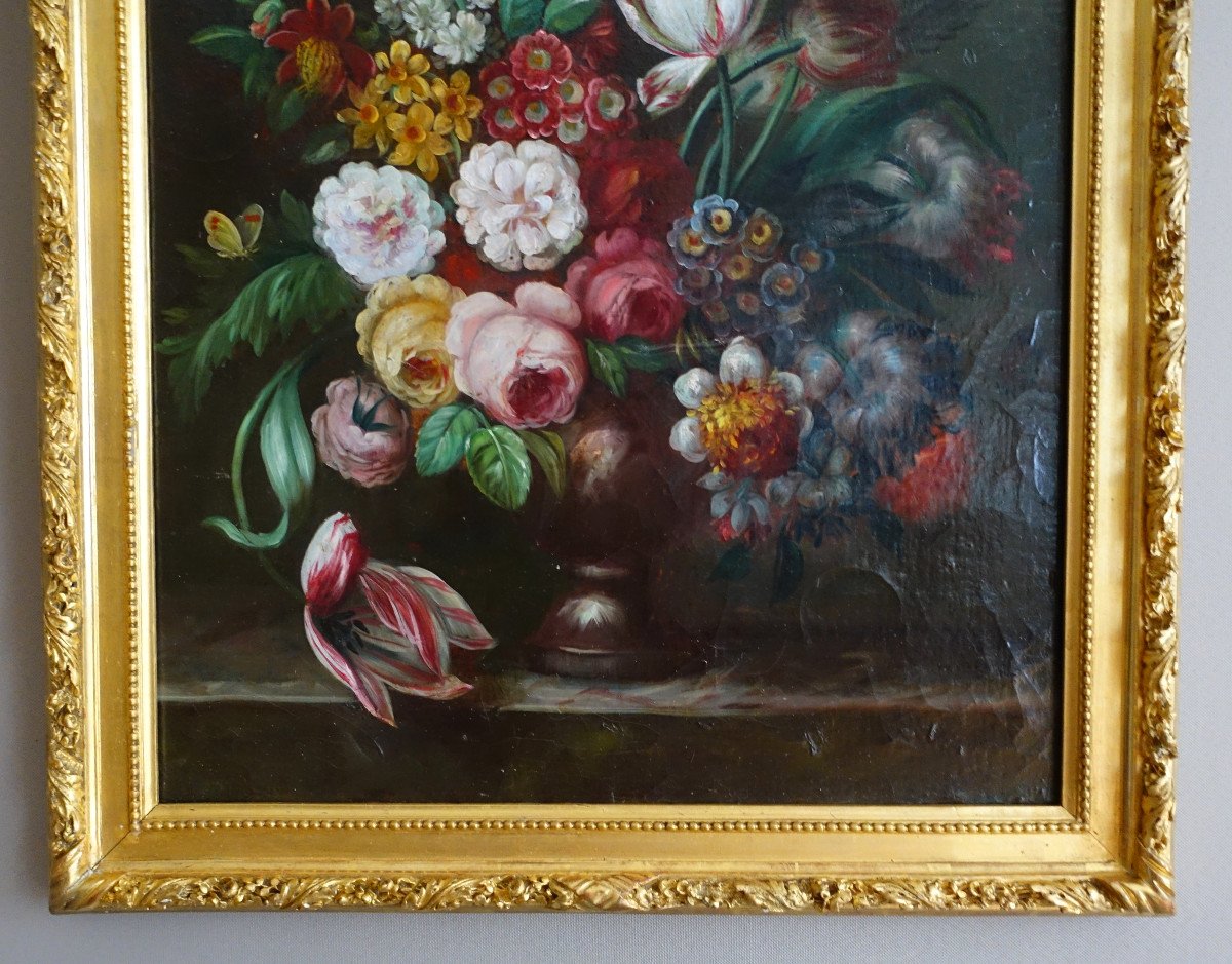 19th Century French School, Large Oil On Canvas, Bouquet Of Flowers, Louis XVI Gilt Wood Frame-photo-4