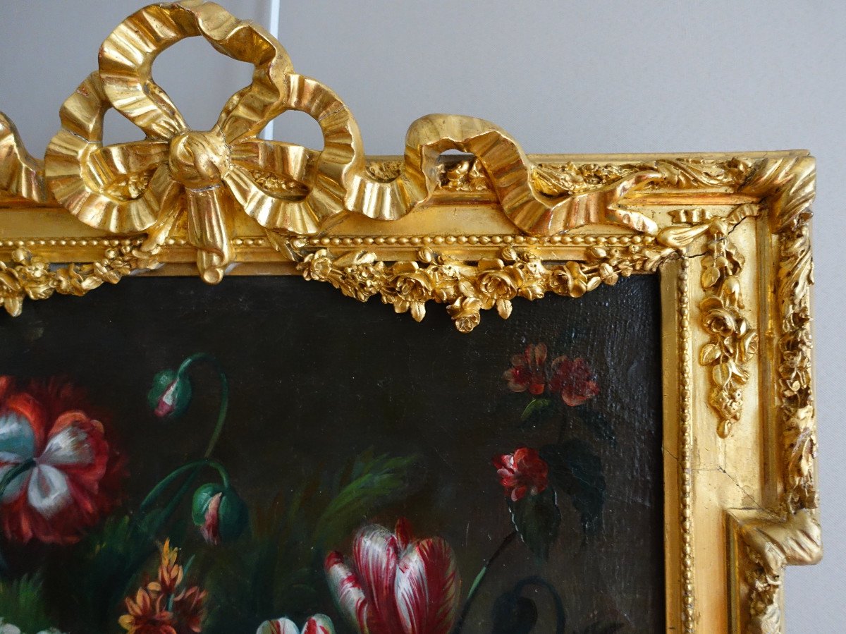 19th Century French School, Large Oil On Canvas, Bouquet Of Flowers, Louis XVI Gilt Wood Frame-photo-1