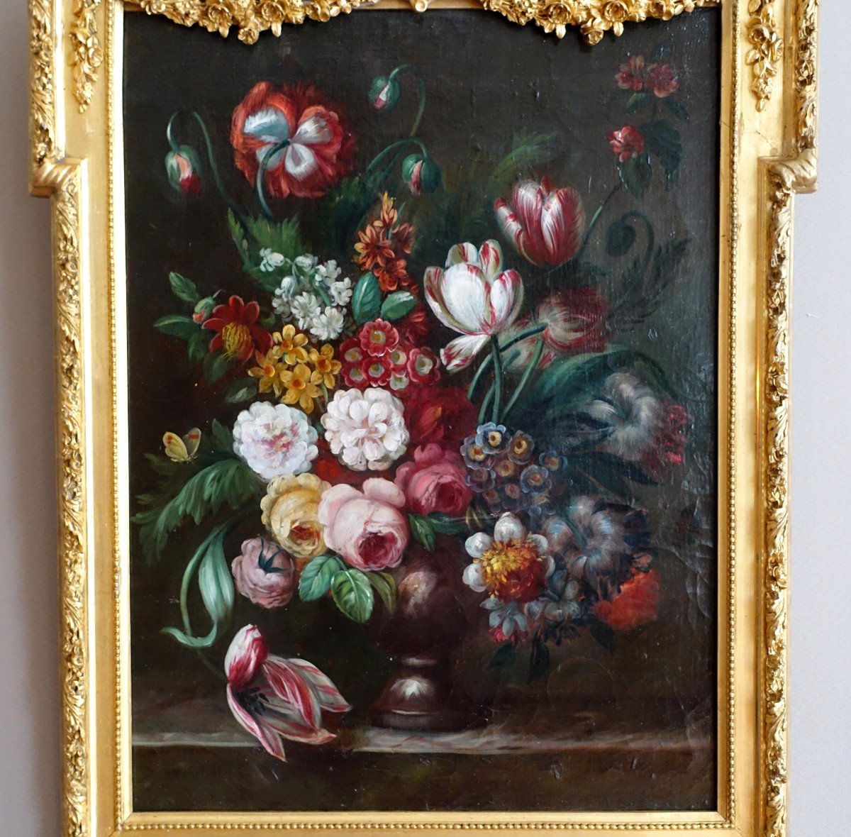 19th Century French School, Large Oil On Canvas, Bouquet Of Flowers, Louis XVI Gilt Wood Frame-photo-2