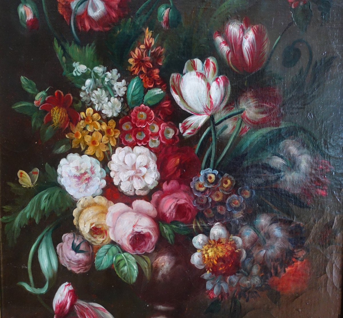 19th Century French School, Large Oil On Canvas, Bouquet Of Flowers, Louis XVI Gilt Wood Frame-photo-3