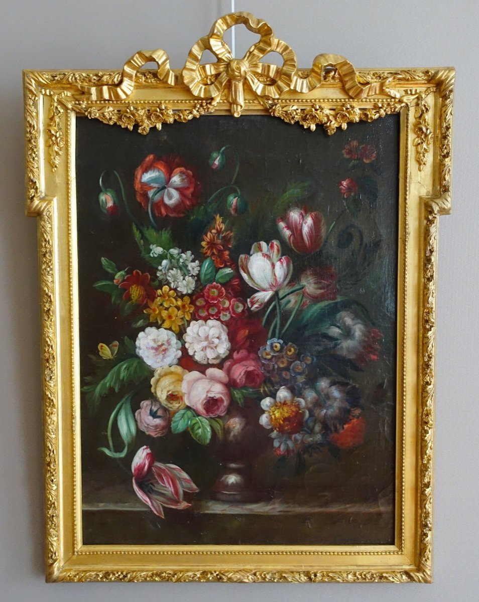 19th Century French School, Large Oil On Canvas, Bouquet Of Flowers, Louis XVI Gilt Wood Frame