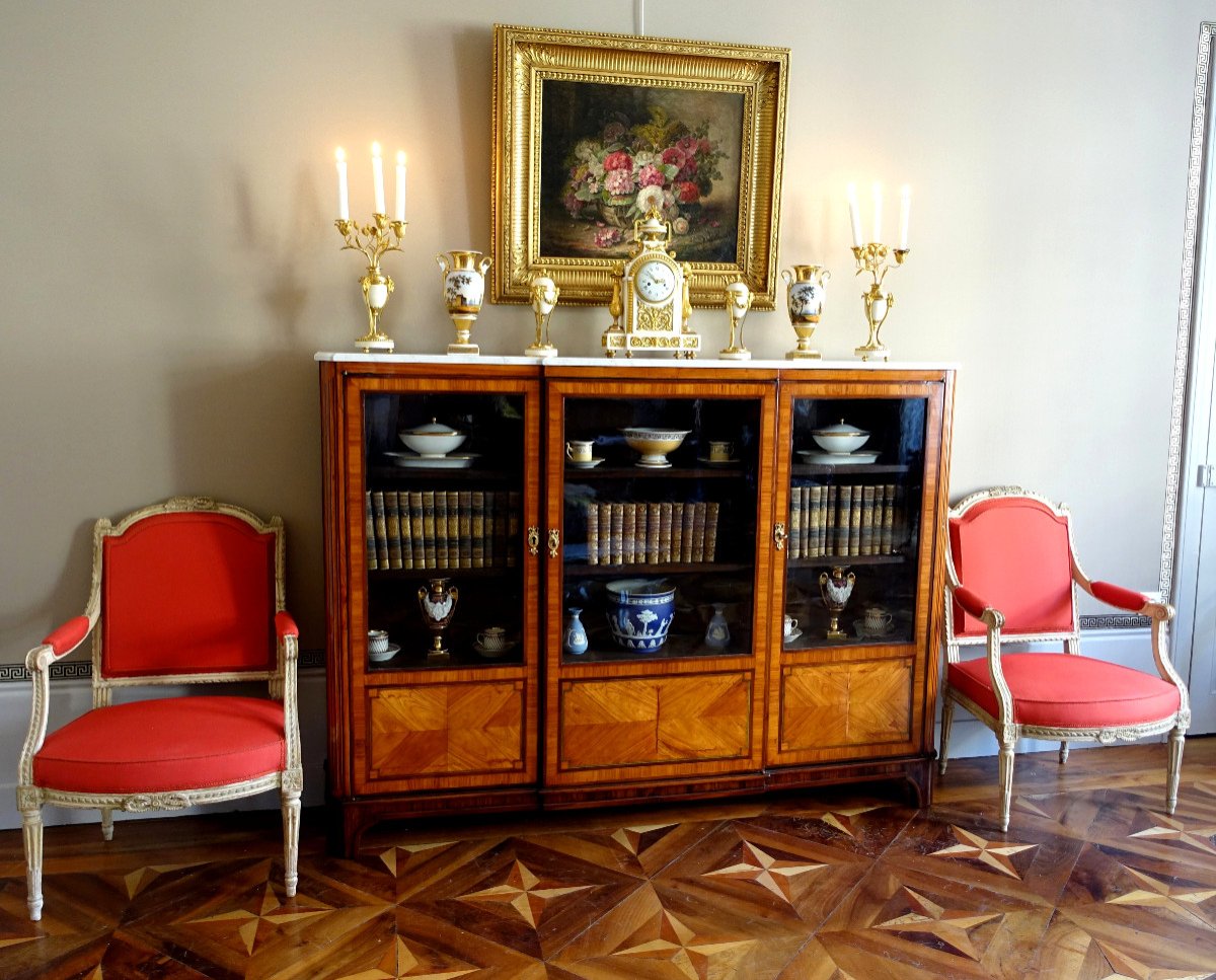 Bibliothèque, Vitrine En Marqueterie d'époque Louis XVI - 182cm X 133cm X 31cm-photo-5