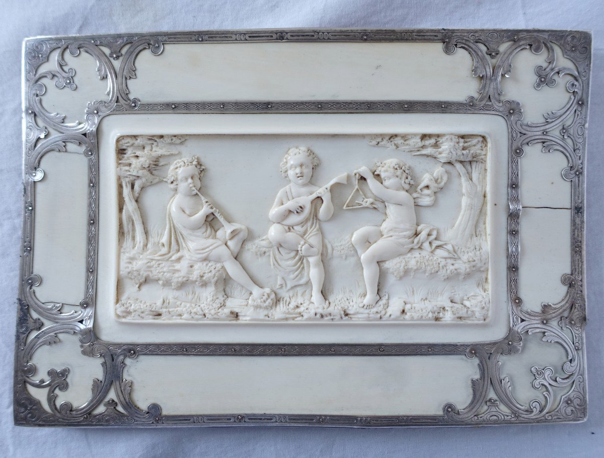 Bas Relief miniature Sculpté En Ronde Bosse - Jeunes Bacchus Musiciens - Ivoire Argent Massif-photo-2