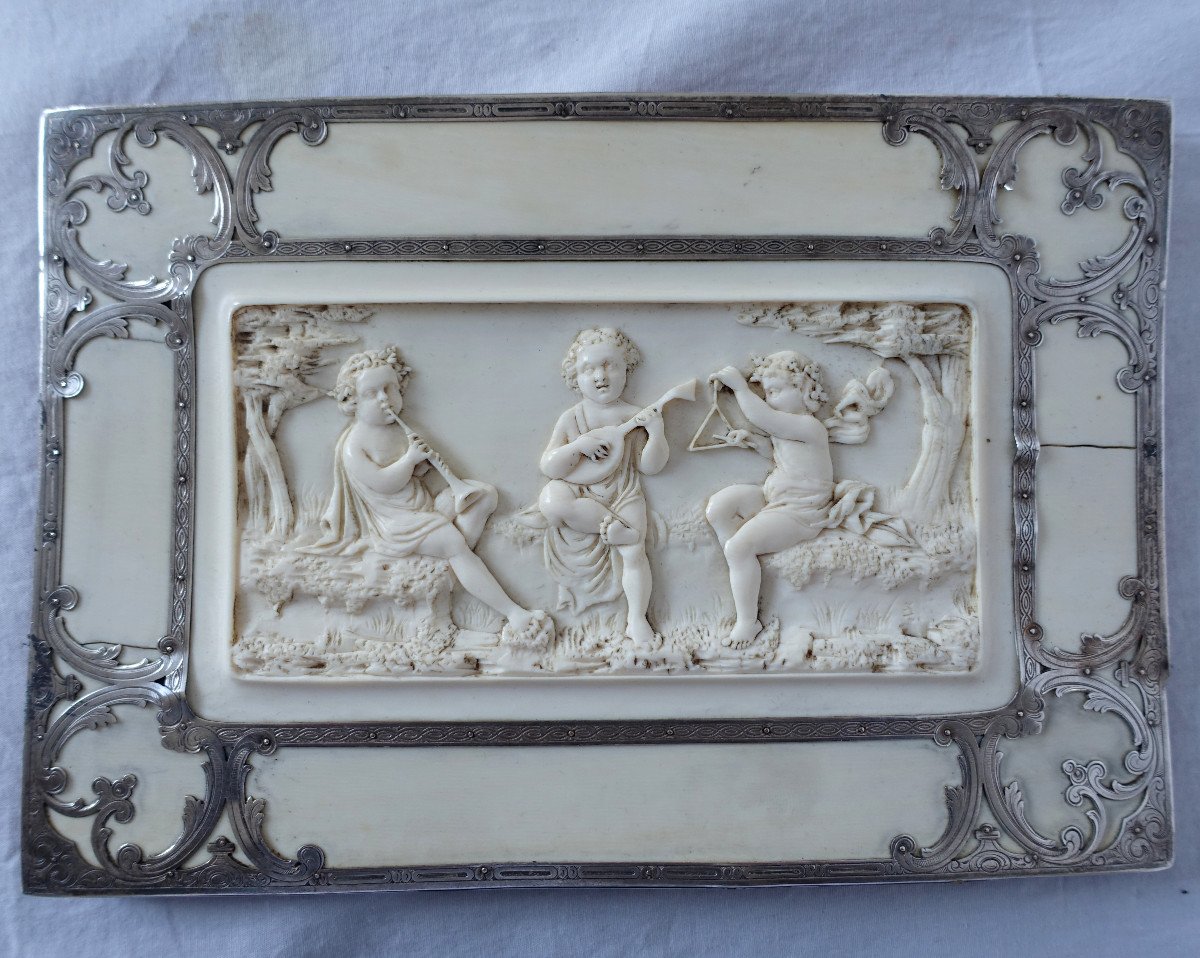 Bas Relief miniature Sculpté En Ronde Bosse - Jeunes Bacchus Musiciens - Ivoire Argent Massif-photo-3