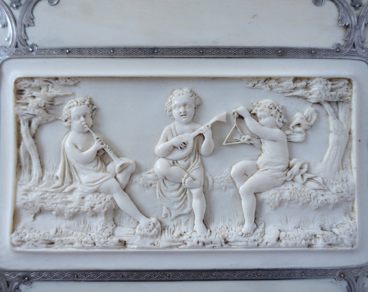 Bas Relief miniature Sculpté En Ronde Bosse - Jeunes Bacchus Musiciens - Ivoire Argent Massif-photo-4