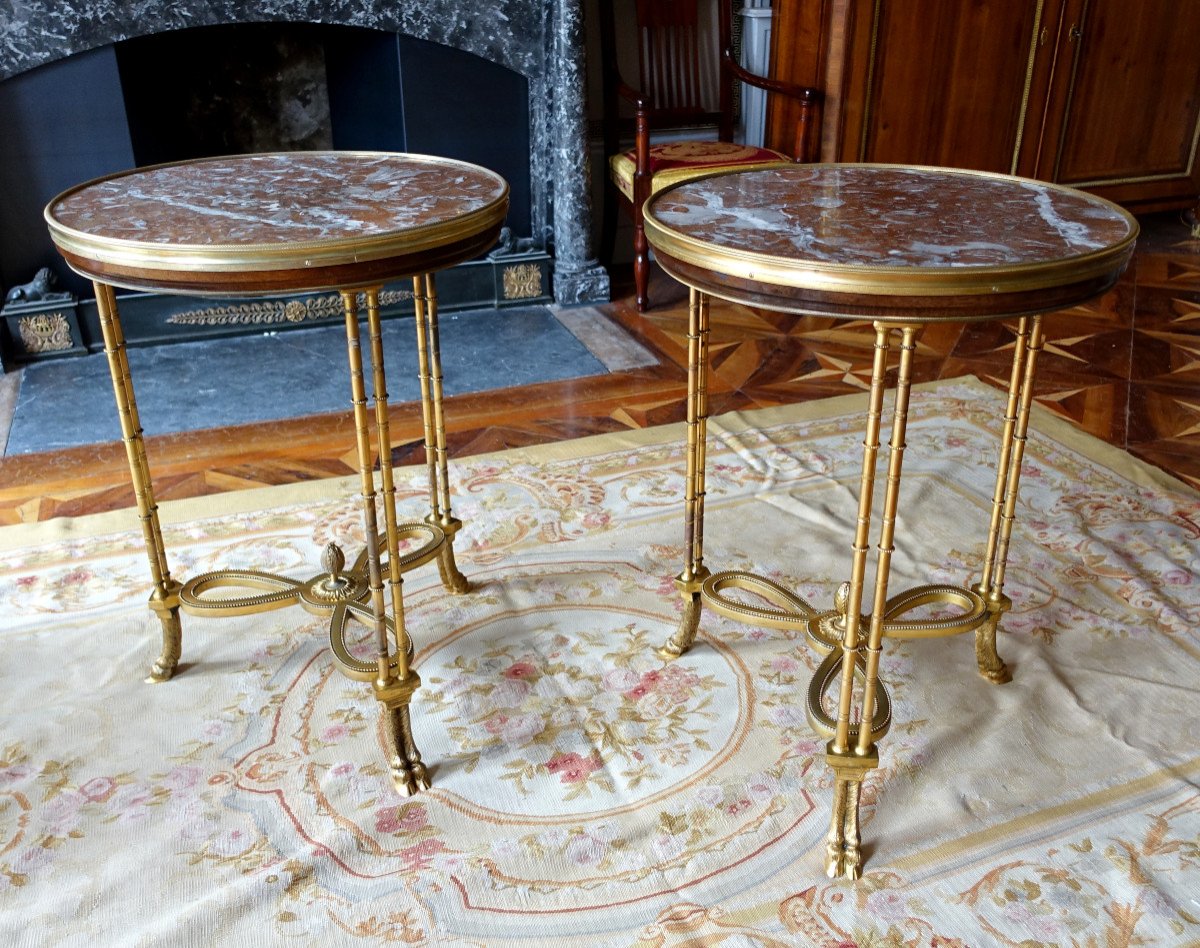 Pair Of Bronze, Marble And Mahogan Pedestal Tables After Weisweiler, Louis XVI Style, 19th