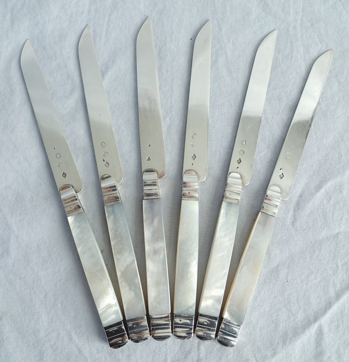 6 Empire Fruit Knives, Mother Of Pearl Handle, Sterling Silver Blade, Early 19th Century-photo-2