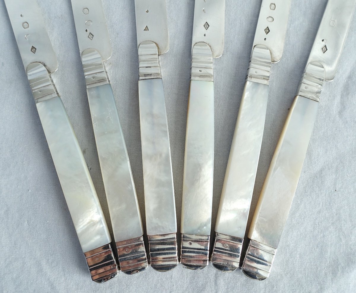 6 Empire Fruit Knives, Mother Of Pearl Handle, Sterling Silver Blade, Early 19th Century-photo-3