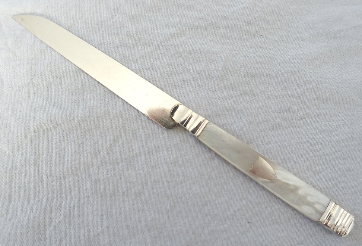 6 Empire Fruit Knives, Mother Of Pearl Handle, Sterling Silver Blade, Early 19th Century-photo-4