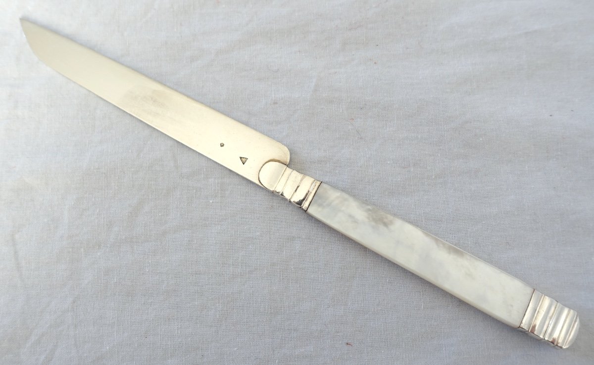 6 Empire Fruit Knives, Mother Of Pearl Handle, Sterling Silver Blade, Early 19th Century-photo-1