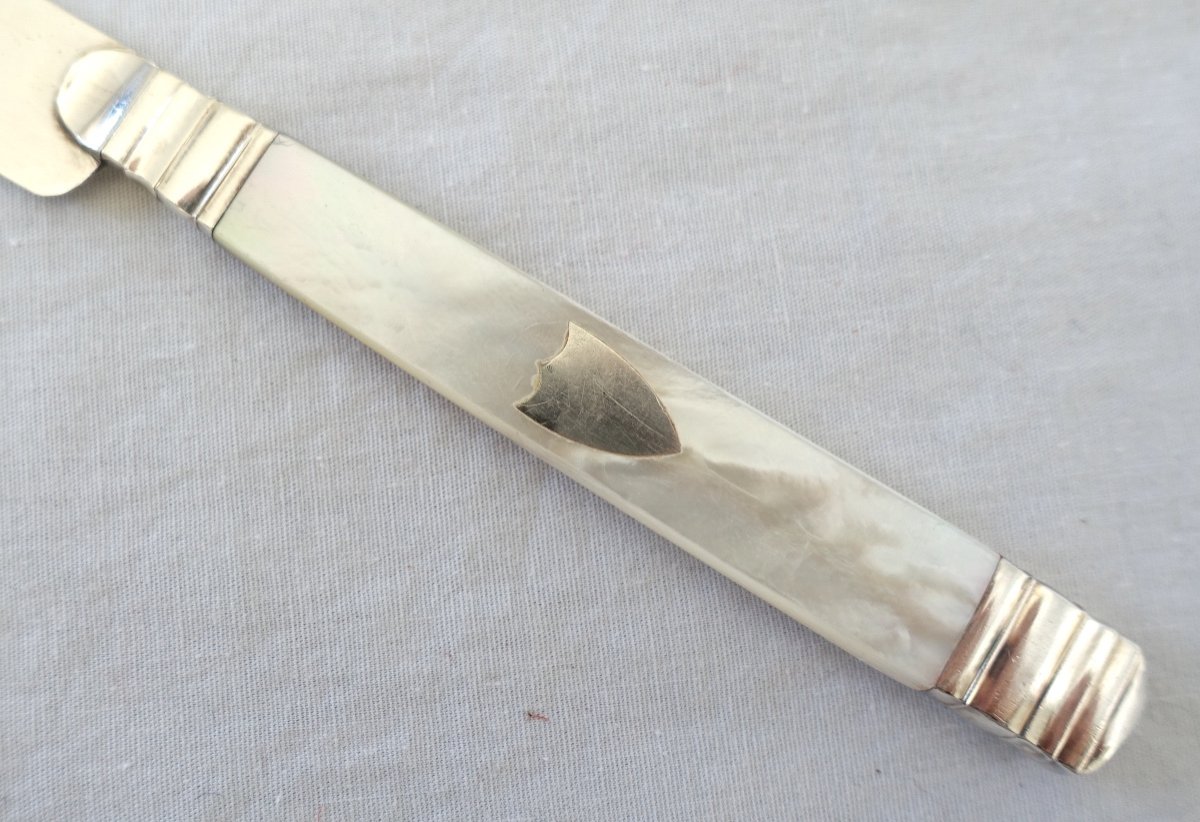 6 Empire Fruit Knives, Mother Of Pearl Handle, Sterling Silver Blade, Early 19th Century-photo-2