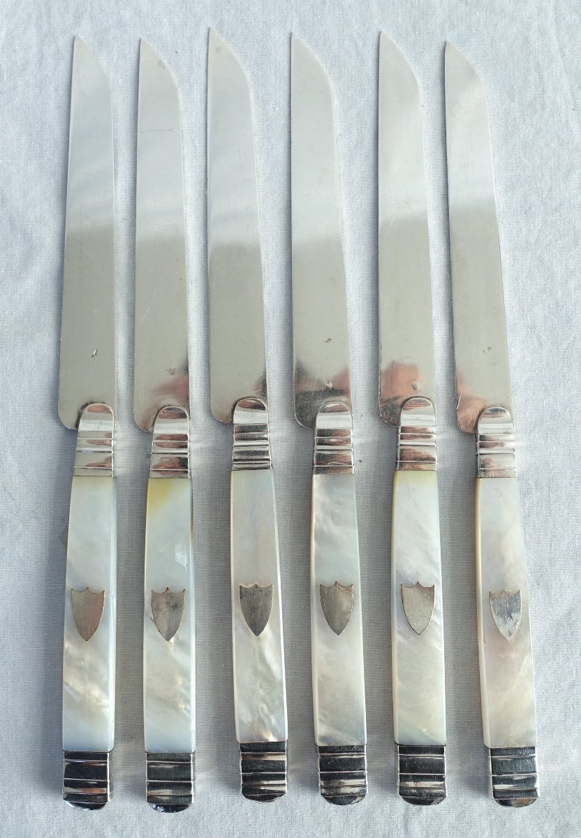 6 Empire Fruit Knives, Mother Of Pearl Handle, Sterling Silver Blade, Early 19th Century