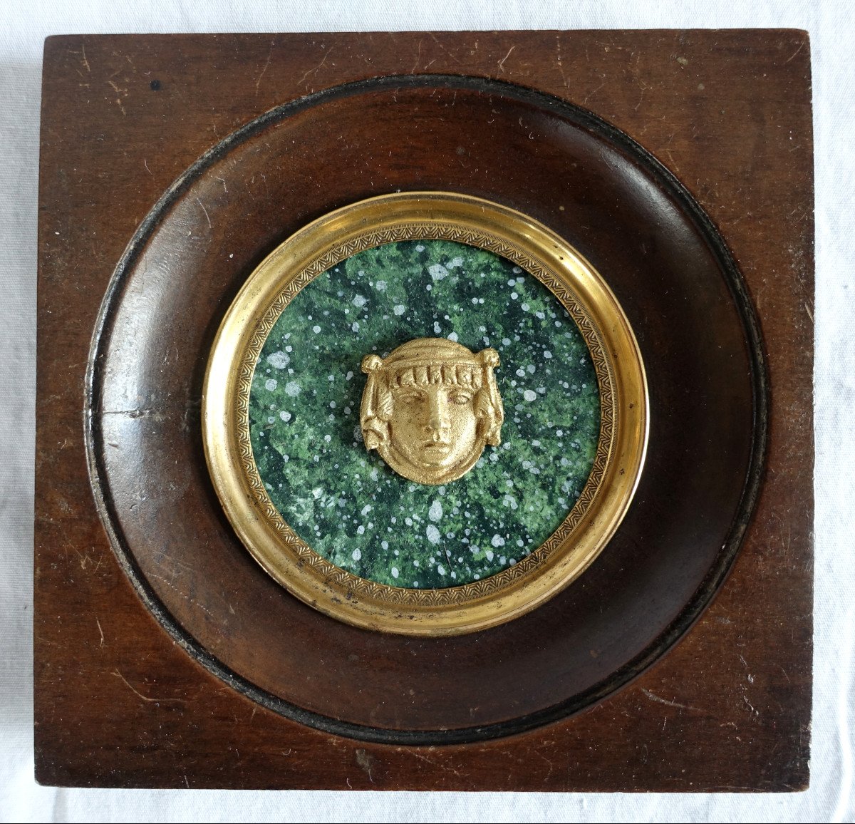 Ravrio - Miniature Portrait Of A Satyr, Souvenir Of The Grand Tour, Gilt Bronze On Porphyry Background-photo-3