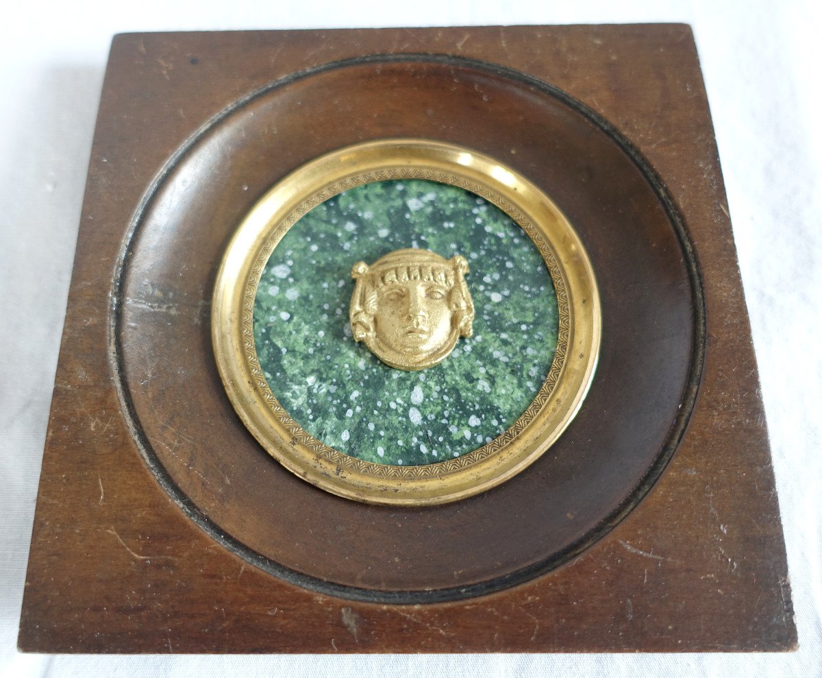 Ravrio - Miniature Portrait Of A Satyr, Souvenir Of The Grand Tour, Gilt Bronze On Porphyry Background-photo-1