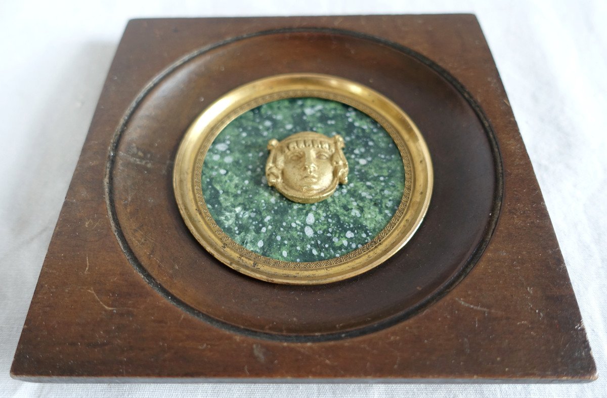 Ravrio - Miniature Portrait Of A Satyr, Souvenir Of The Grand Tour, Gilt Bronze On Porphyry Background-photo-2