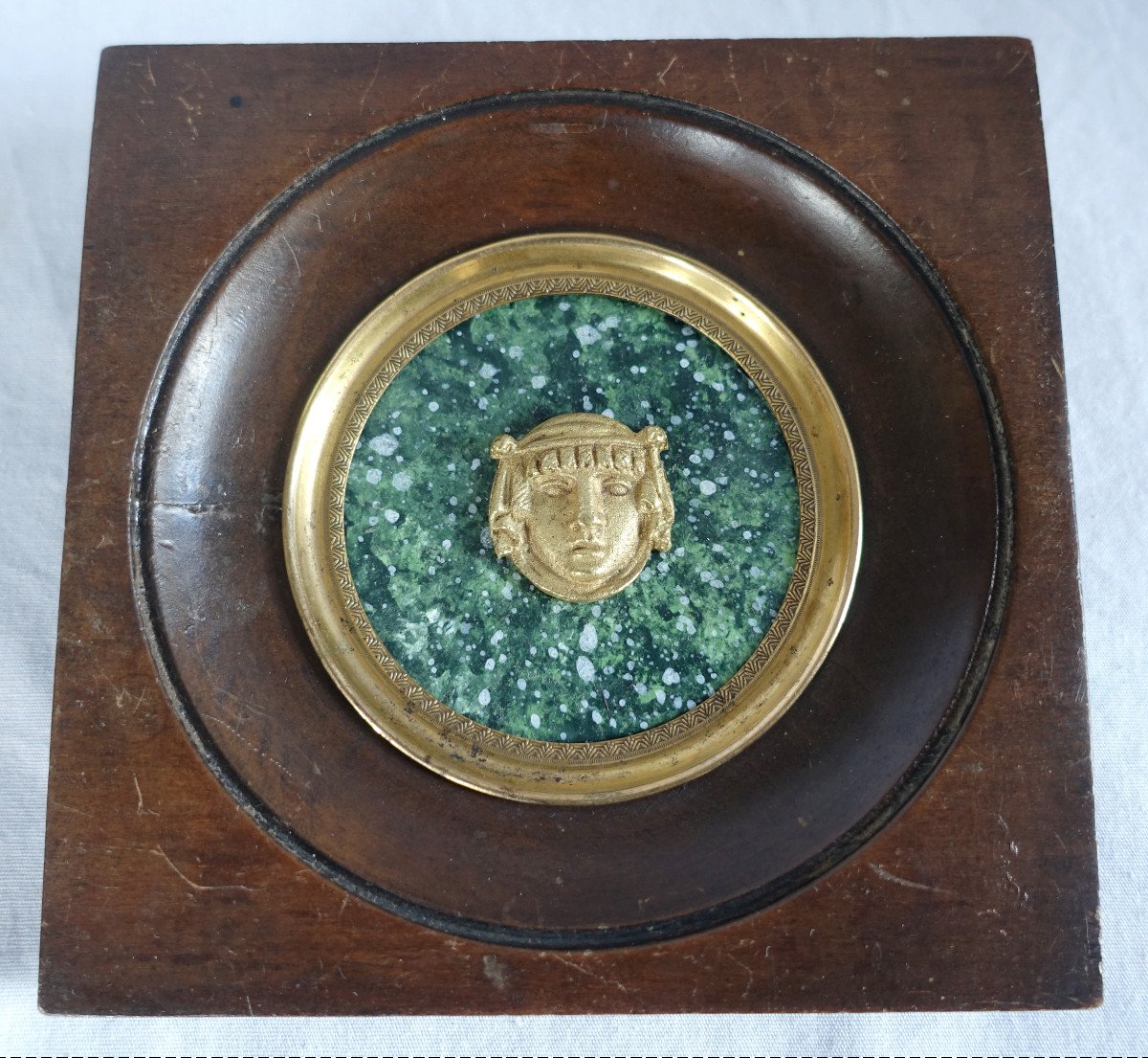 Ravrio - Miniature Portrait Of A Satyr, Souvenir Of The Grand Tour, Gilt Bronze On Porphyry Background-photo-3