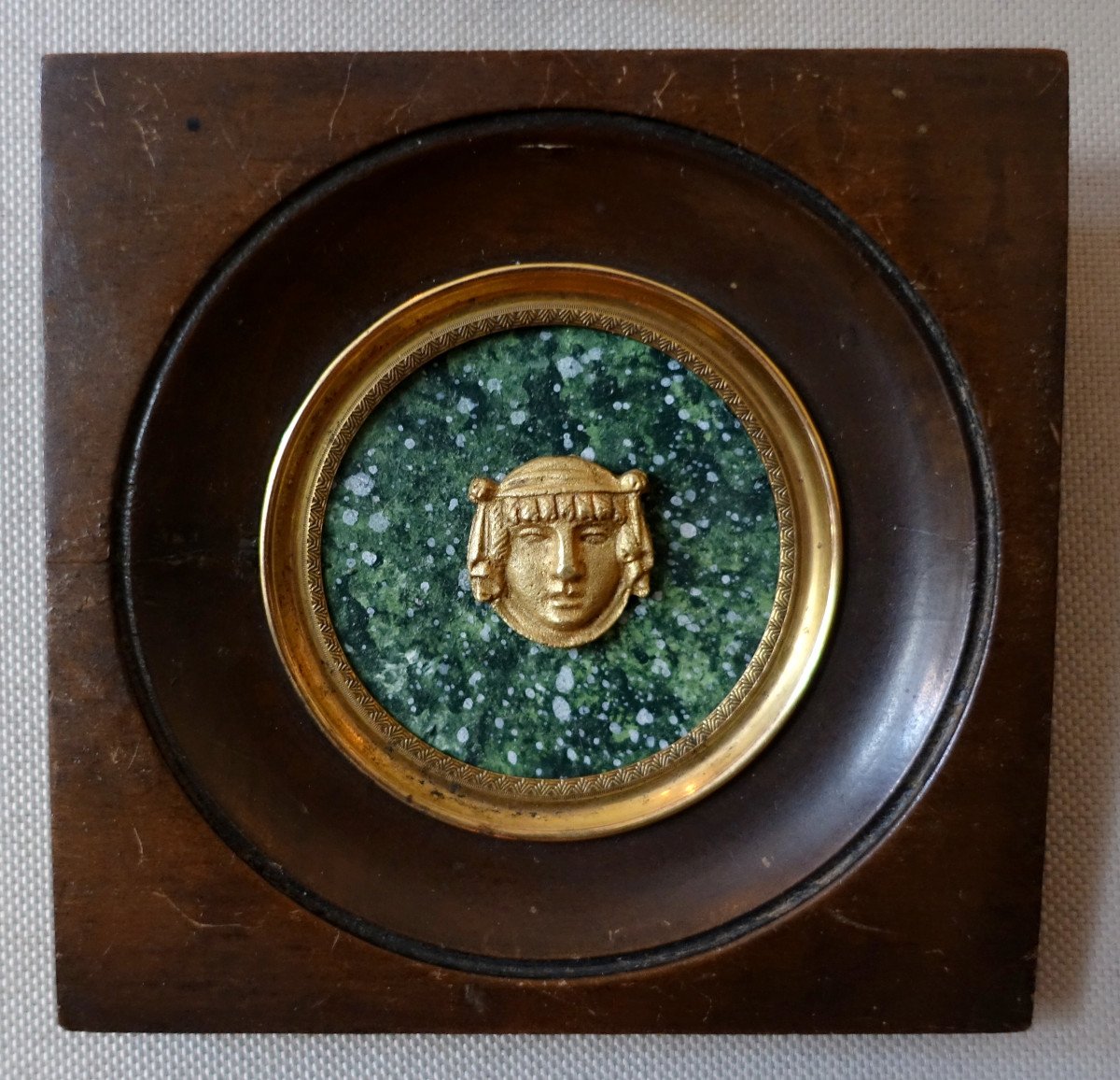 Ravrio - Miniature Portrait Of A Satyr, Souvenir Of The Grand Tour, Gilt Bronze On Porphyry Background