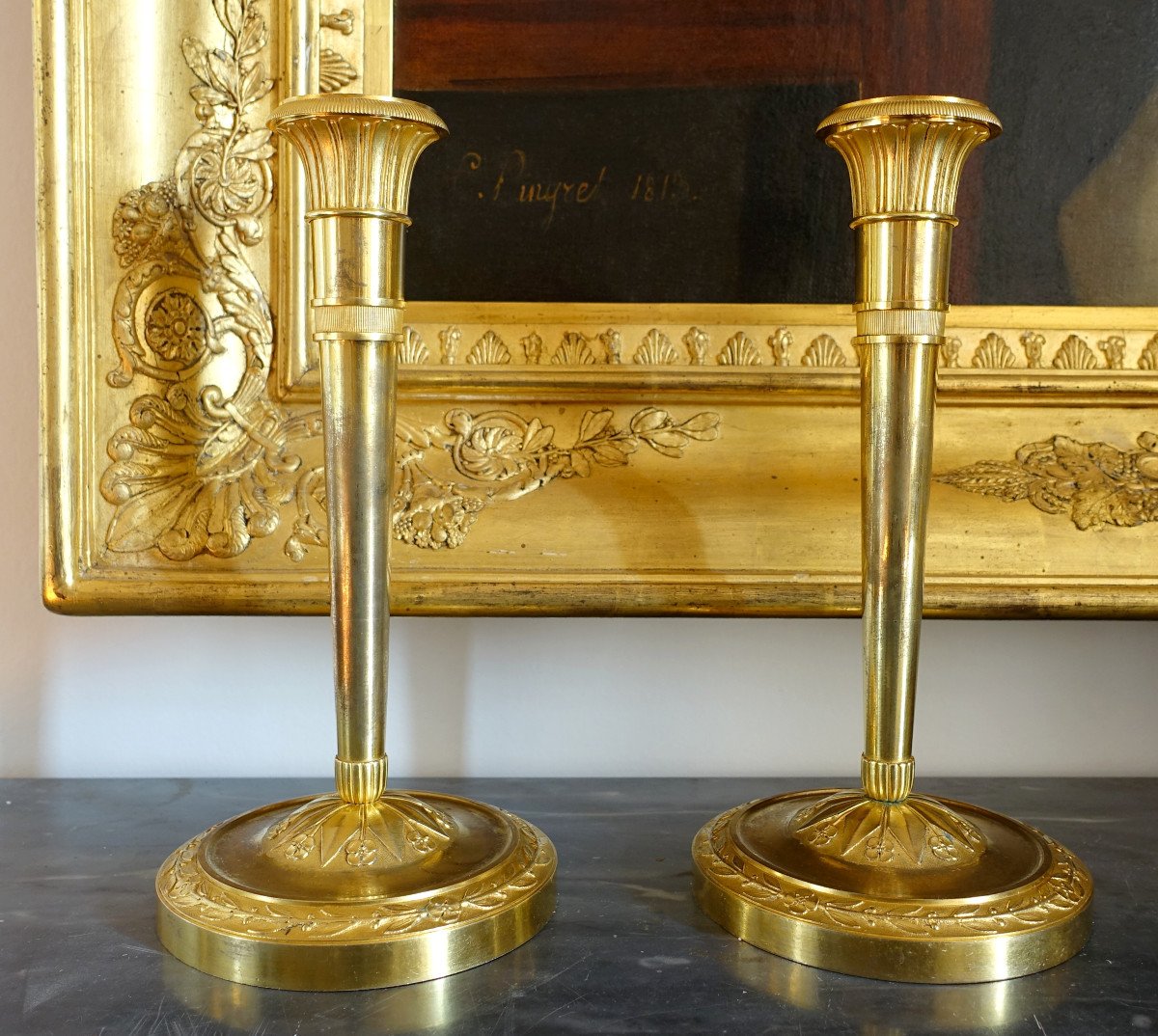 Pair Of Empire Period Mercury Gilt Bronze Candlesticks-photo-2