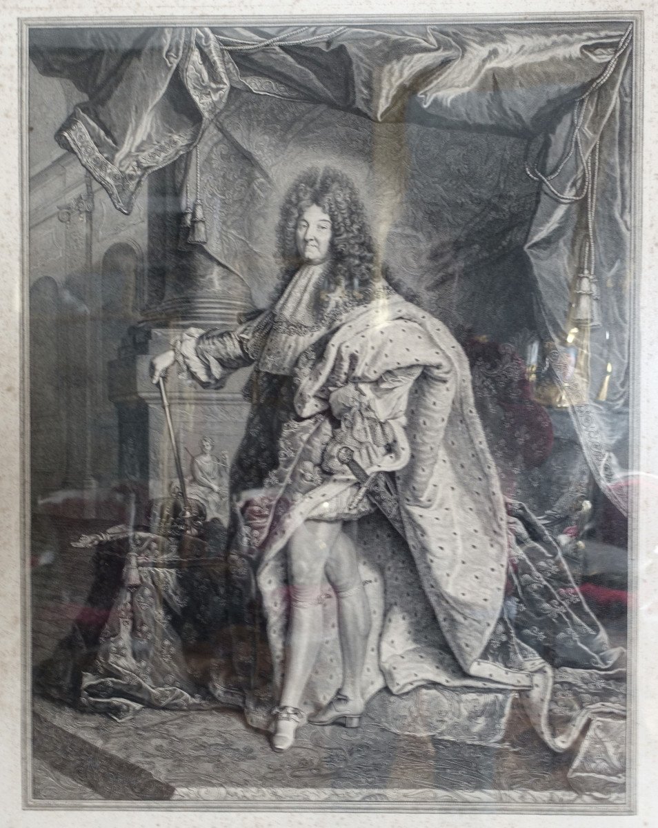 Large Royalist Engraving King Louis XIV In Majesty, Gilded Wooden Frame 82x99.5cm-photo-3