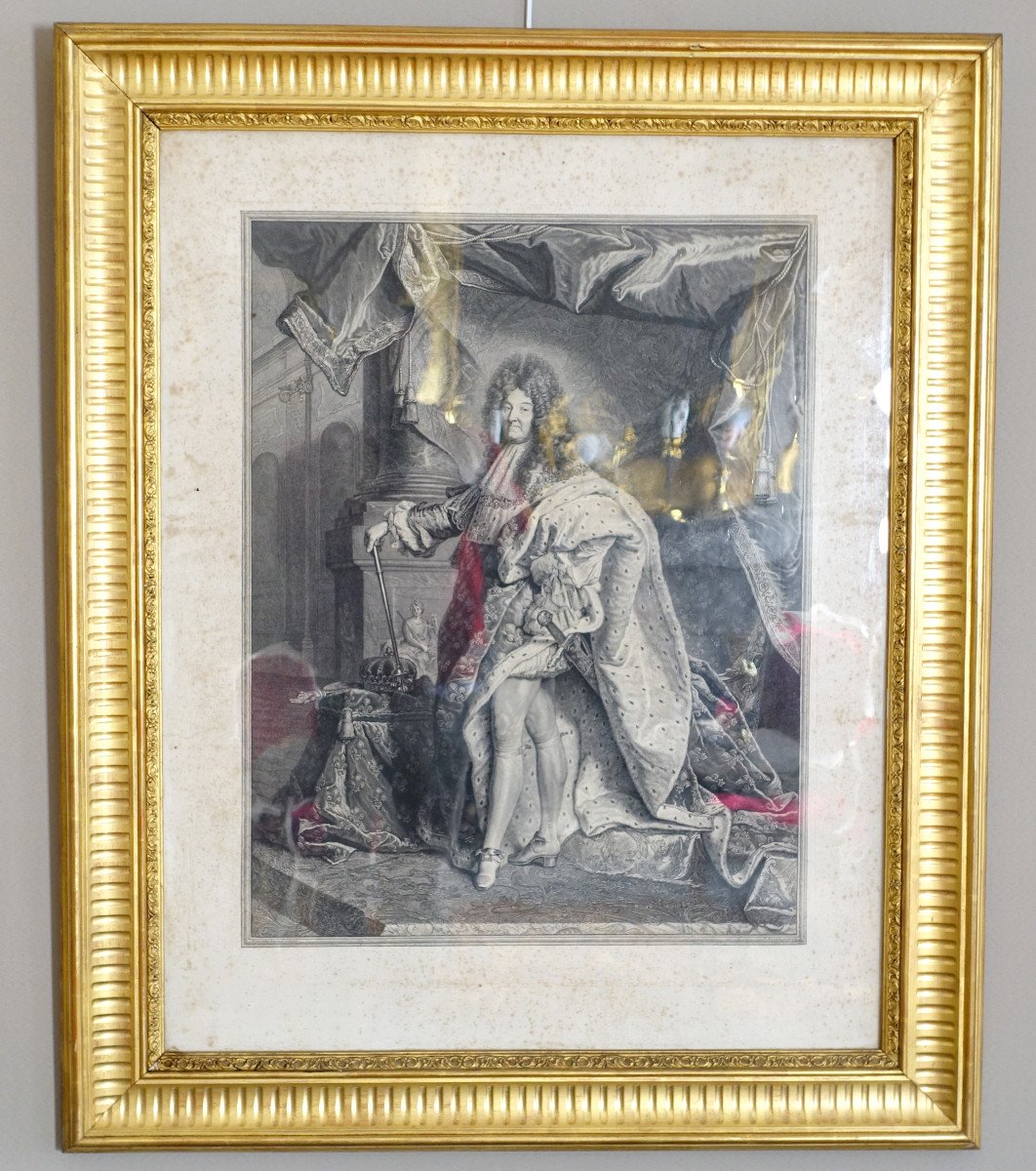 Large Royalist Engraving King Louis XIV In Majesty, Gilded Wooden Frame 82x99.5cm