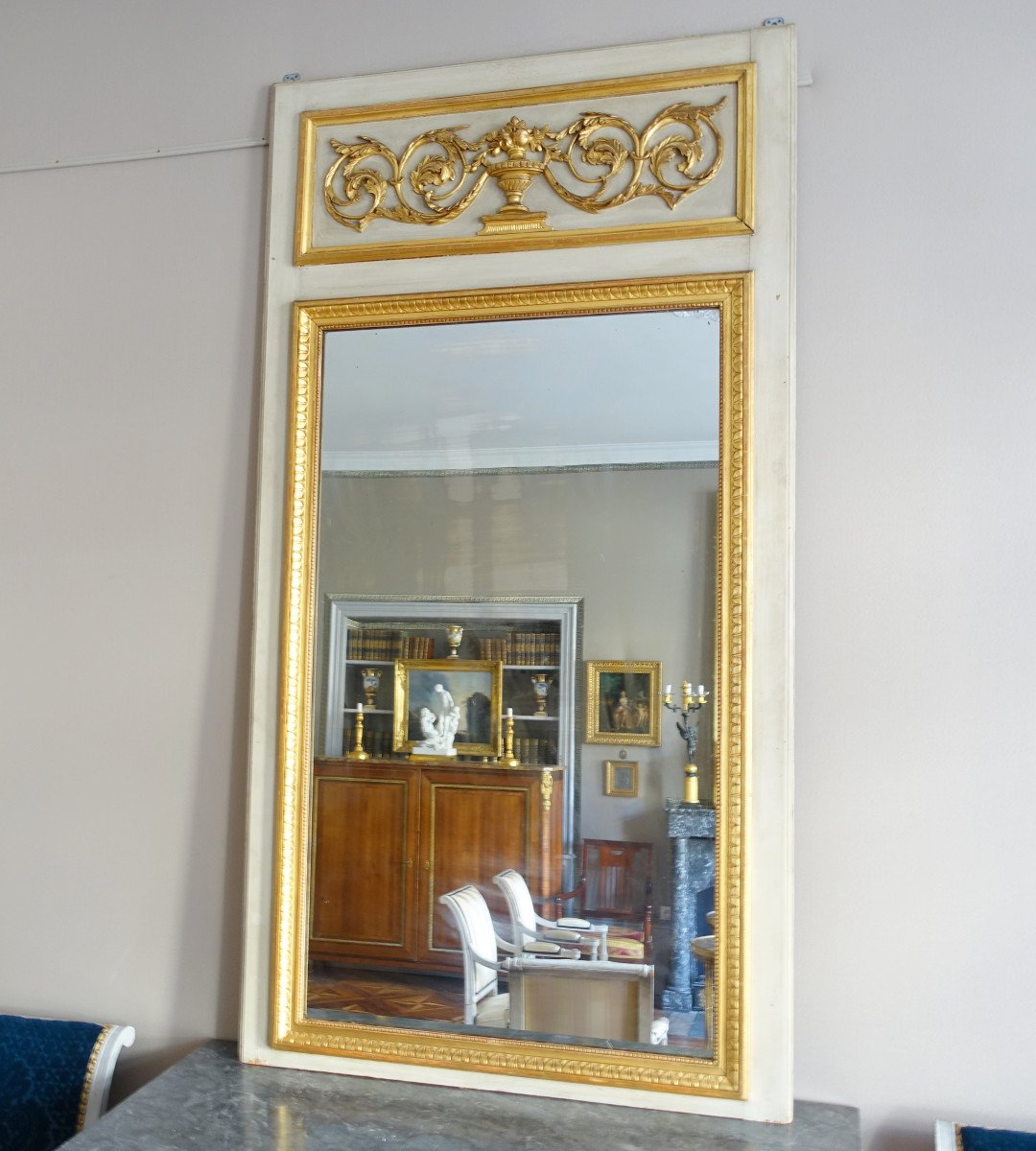 Trumeau, Miroir De cheminée ou Boiserie De Style Louis XVI En Bois Laqué Et Doré, 198 X 107cm-photo-3