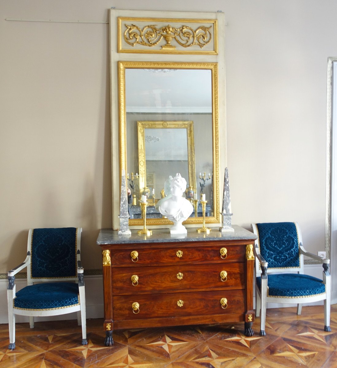 Trumeau, Miroir De cheminée ou Boiserie De Style Louis XVI En Bois Laqué Et Doré, 198 X 107cm-photo-6