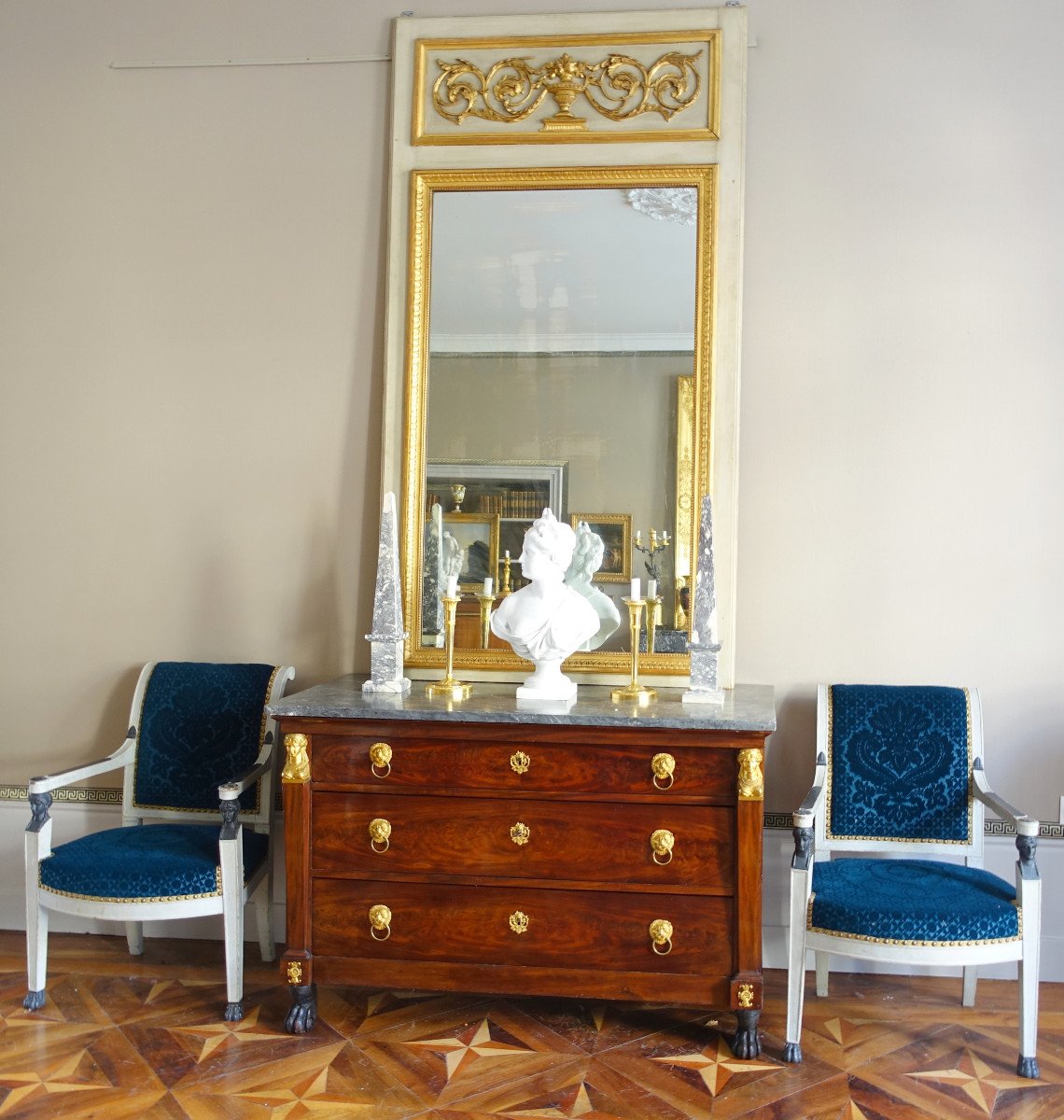 Trumeau, Miroir De cheminée ou Boiserie De Style Louis XVI En Bois Laqué Et Doré, 198 X 107cm-photo-7