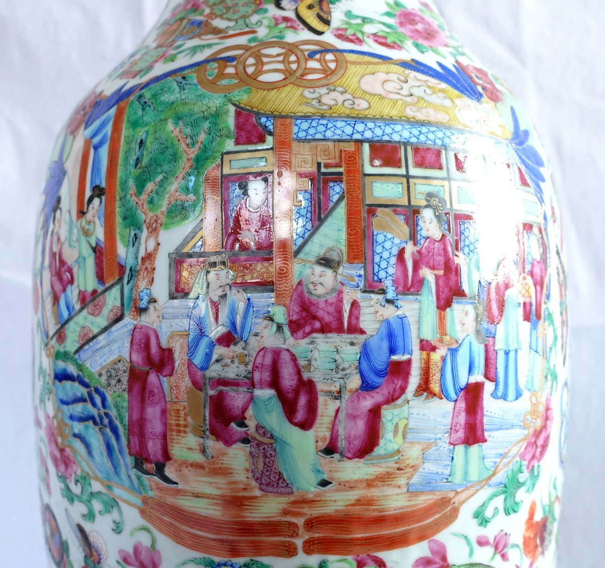 Grand Vase Potiche 65cm En Porcelaine De Canton Polychrome Et Dorée - Chine XIXe Siècle-photo-4