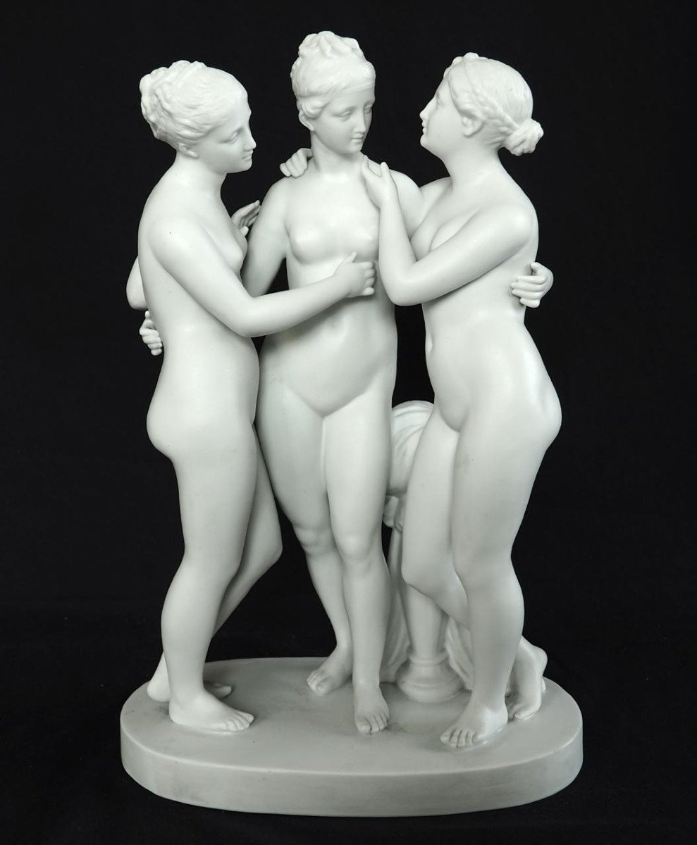 The 3 Graces, Large Mythological Subject In Biscuit Porcelain From The 19th Century 36.3cm-photo-2