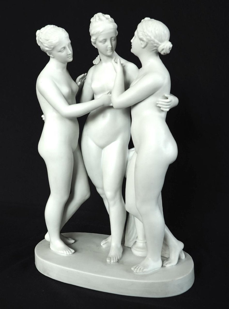 The 3 Graces, Large Mythological Subject In Biscuit Porcelain From The 19th Century 36.3cm-photo-3