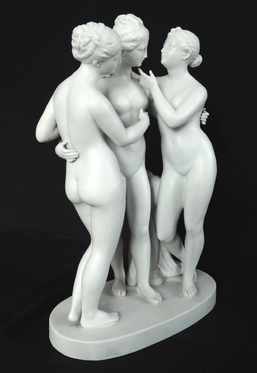 The 3 Graces, Large Mythological Subject In Biscuit Porcelain From The 19th Century 36.3cm-photo-4