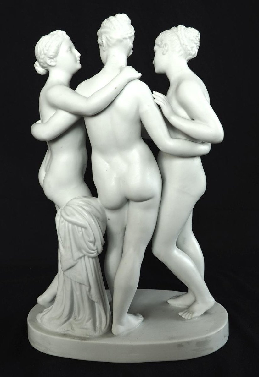 The 3 Graces, Large Mythological Subject In Biscuit Porcelain From The 19th Century 36.3cm-photo-2