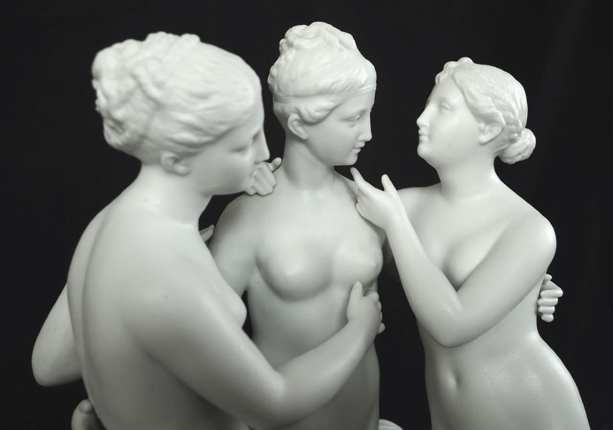 The 3 Graces, Large Mythological Subject In Biscuit Porcelain From The 19th Century 36.3cm-photo-4